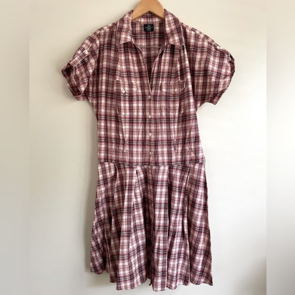 Faded‎ Glory Women’s Plaid Drop Waist Dress Cottagecore Large Red Short Sleeve